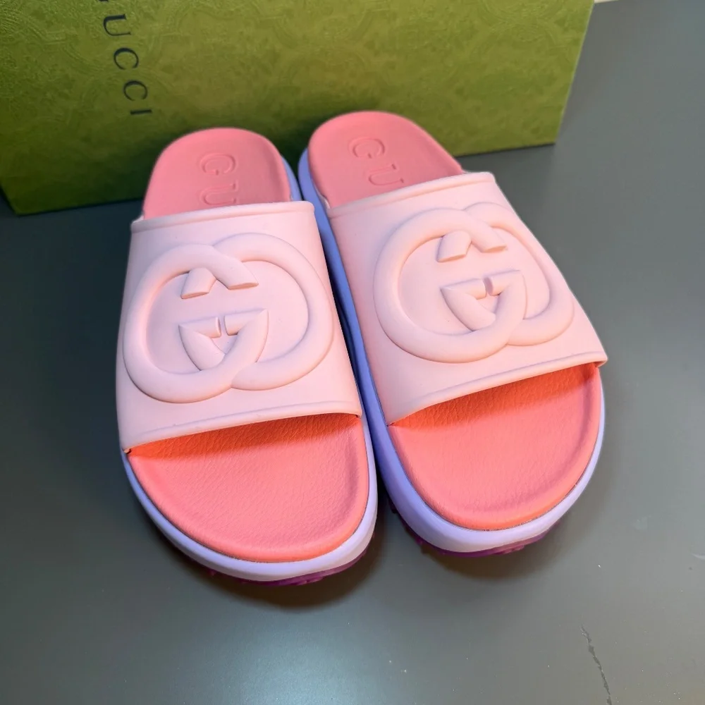 NWT GUCCI POOL SLIDES SIZE 38-8US platform interlocking logo pink purple - Picture 3 of 10